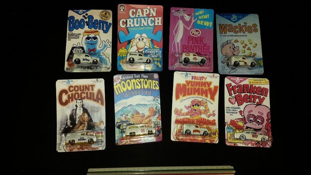 Advertising Toy Cars (8): Original packaging, Cap'n Crunch, Moonstones, Yummy Mummy, and others