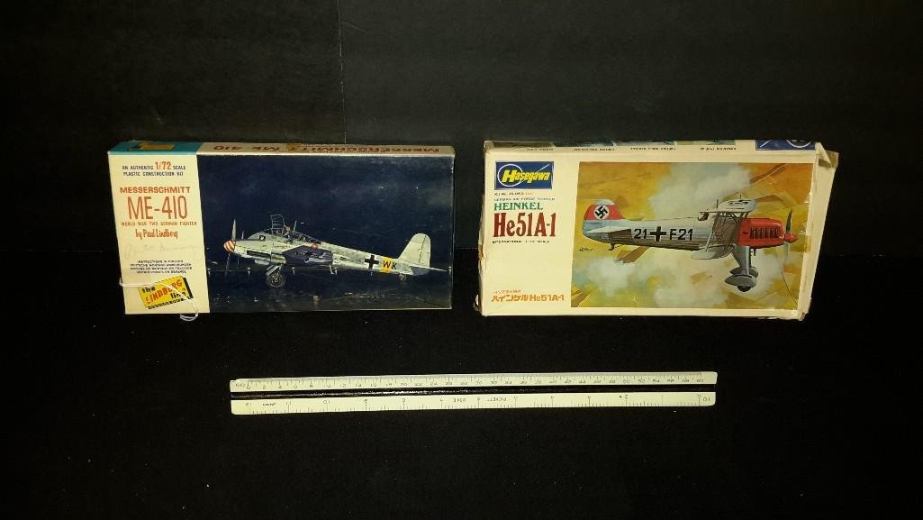 Vintage Plastic Aircraft Model Kits (2): Heinkel He51A-1 & Messerschmitt ME-410 Fighter (missing pieces)
