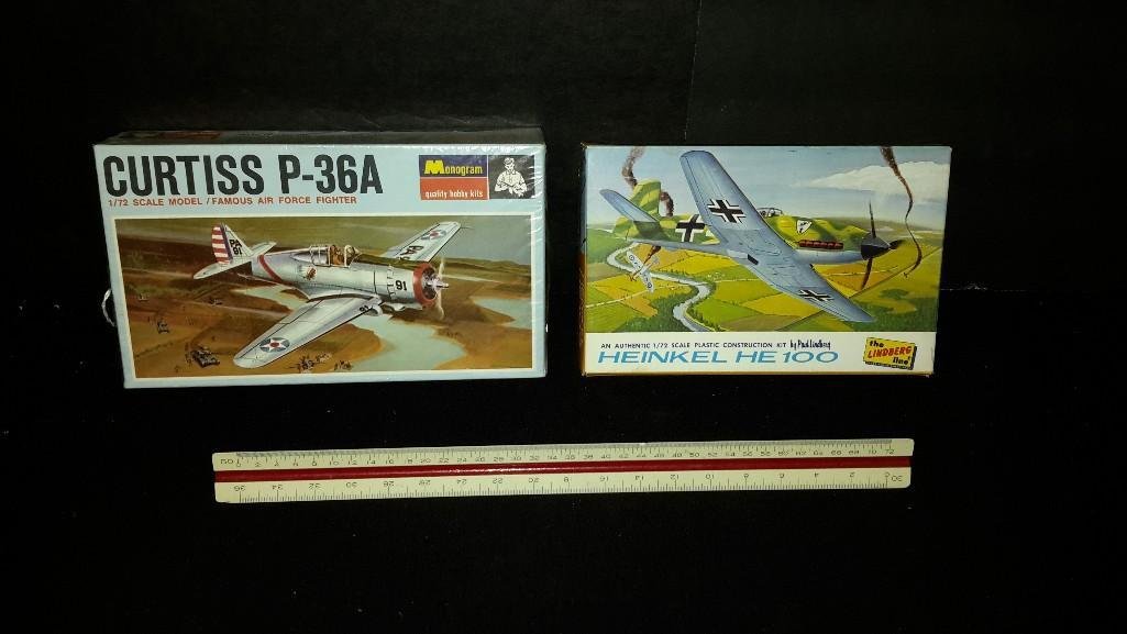 Vintage Plastic Aircraft Model Kits (2): Curtiss P-36A Fighter & Heinkel HE 100 model kits 