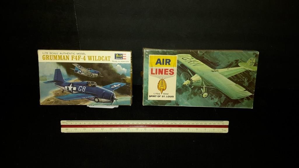 Vintage Plastic Aircraft Model Kits (2): Grumman F4F-4 Wildcat & Spirit of St. Louis model kits 