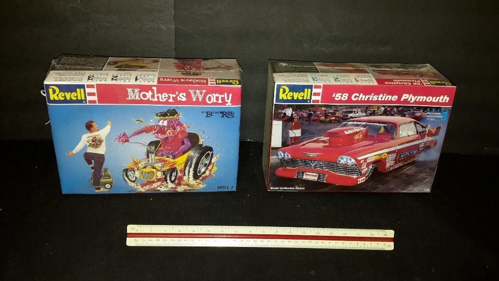 Revell Plastic Car Model Kits (2): Both are sealed in original packaging, Mothers Worry & '58 Christine Plymouth