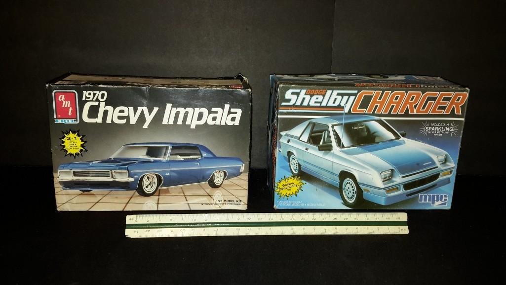 Vintage Plastic Car Model Kits (2): Dodge Shelby Charger & 1970 Chevy Impala