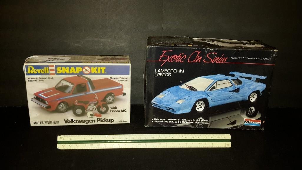 Plastic Car Model Kits (2): Volkwagen Pickup with Honda ATC & Lamborghini LP500S model kits 