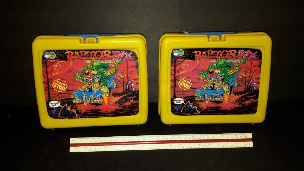 Raptor Rex Plastic Lunch Boxes (2): All are in fair condition, one signed on back by Stan Leinkuil 
