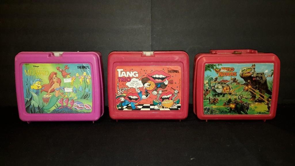 Vintage Plastic Lunch Boxes (3): The Little Mermaid, 1988 Dino Riders, & 1988 Tang Trio