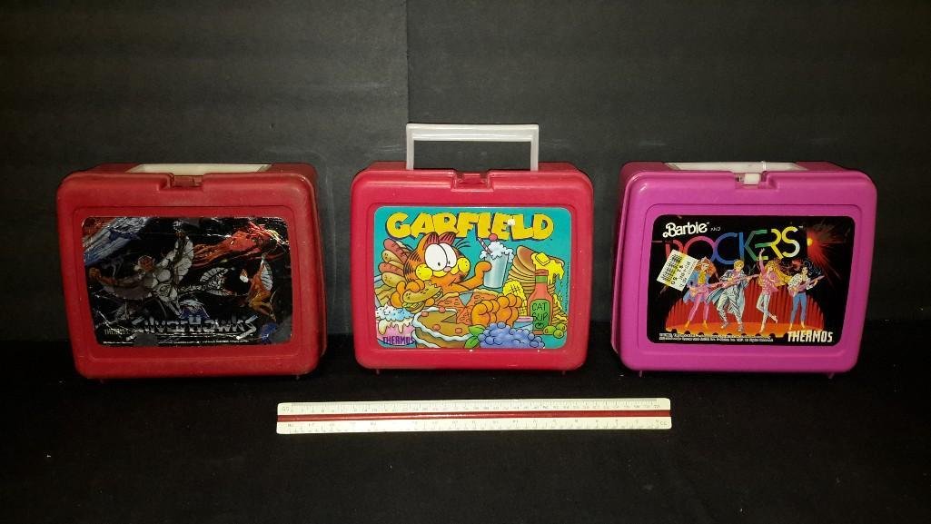 Vintage Plastic Lunch Boxes (3): 1987 Barbie the Rockers, 1986 Silverhawks, & Garfield