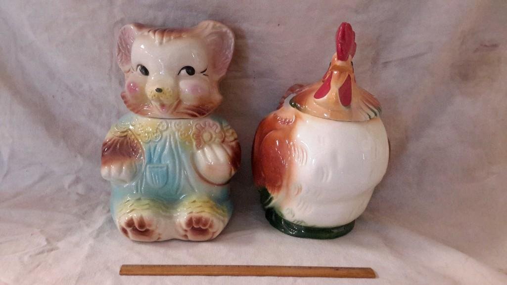 USA Bear and Sierra Vista Rooster Cookie Jars: Bear cookie jar marked USA on the back. Measures 11" tall. Rooster marked Sierra Vista California; measures 12" tall (has some minor paint chipping).