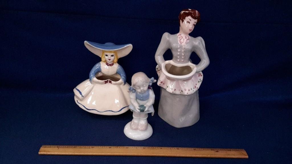 Ceramic Figurines (3): Two vase figurines and one Bing & Grondahl 4" girl figurine. Two vases are 8" and 5" tall with no marks