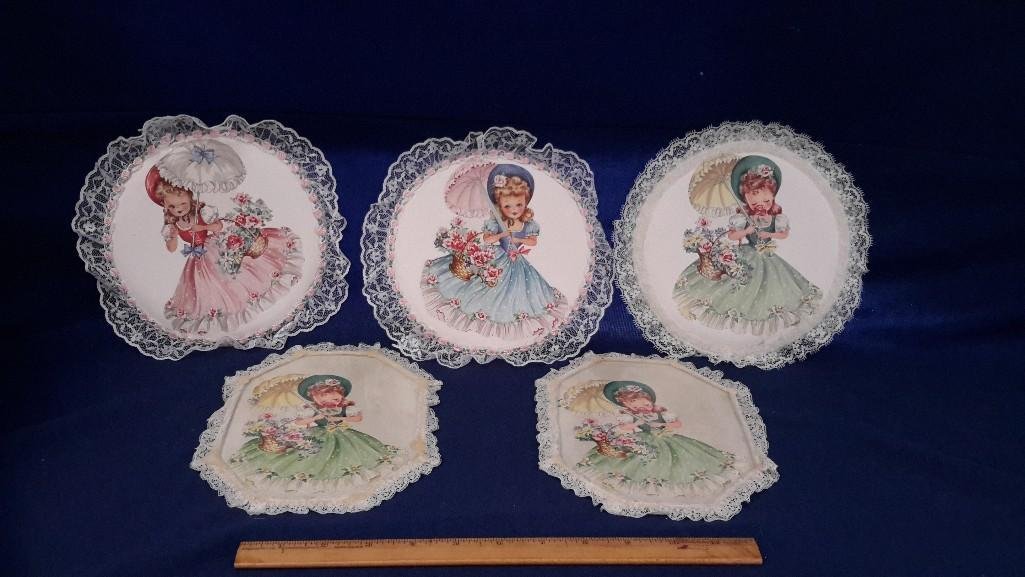 Lace Trimmed 1940's Bo-peep Wall Hangings (5): Vintage wall hangings trimmed in lace. two are glass covered hangings. 8" & 6" wide. Very good condition