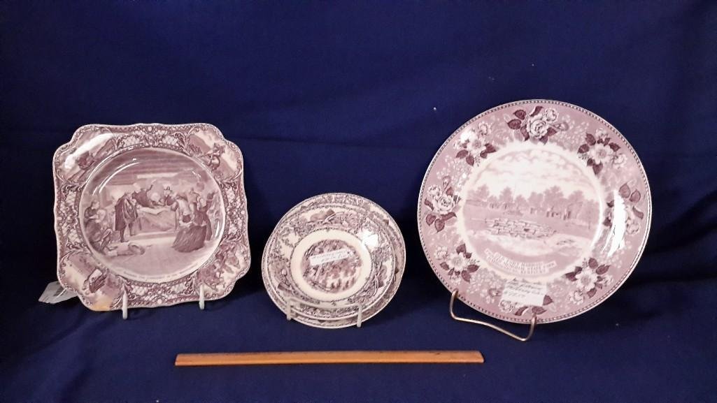 Decorative Plat (5): All have mulberry colored design,1 saucer measures 6" diameter, 2 small bread plates measure 6.5" diameter all three are stamped "pastoral davenport 1840 A.J. Wilkinson England". 1