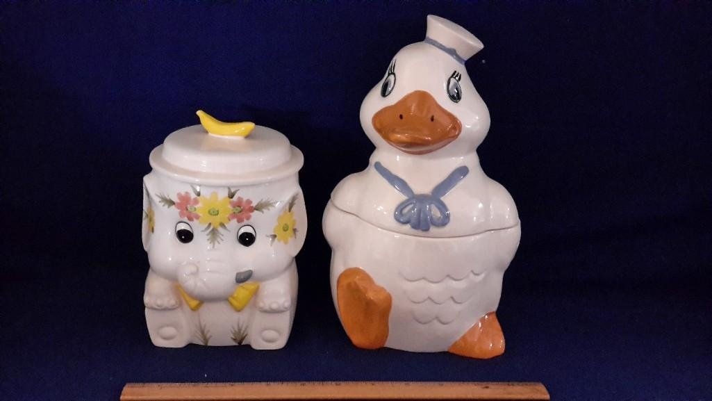 Elephant and Duck Cookie Jars: Small vintage 'made in Japan' elephant cookie jar or cannister is 7" tall. The Vintage Duck Cookie Jar originally sold at J.C.Penney Co. 10" tall. Both in good condition