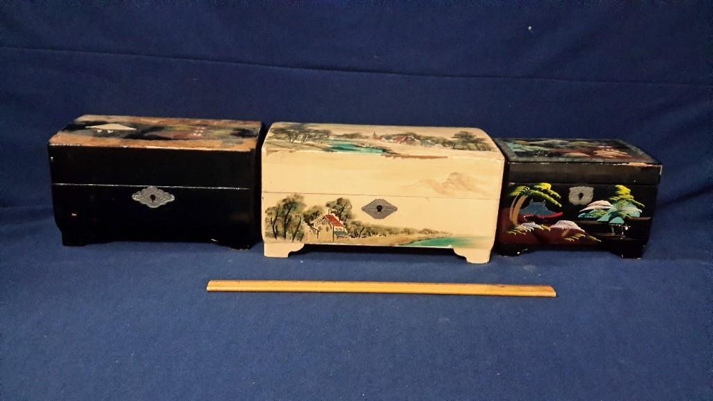 Hand Painted Asian Scene Wooden jewelry boxes (3): Shows wear. 6", 7.5" and 9" wide.