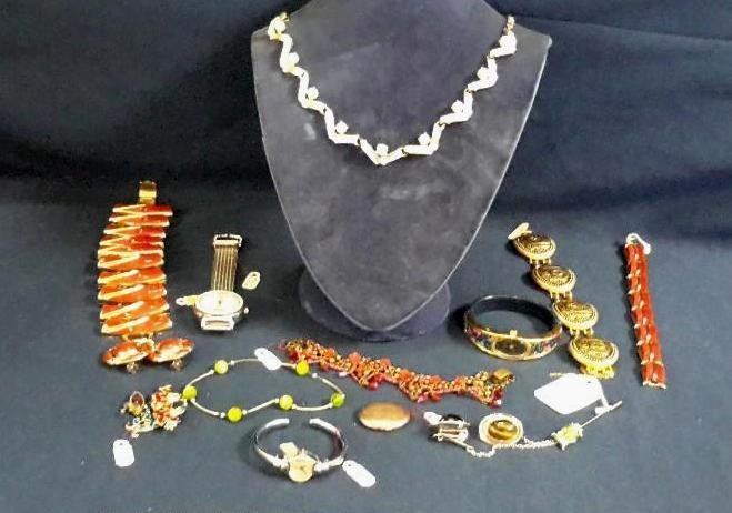 Vintage Ladies Jewlery: Gold tone and red enameled bracelet and earrings, two watches, gold tone locket no chain, Sweater guard and other jewlery and pins
