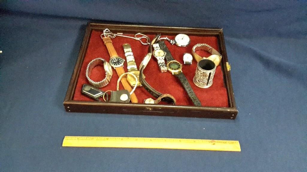 Gold and Silver Tone Men's Watch Collection: Timex, Bulova, Time, Anti Magnetic Pocket Watch with Fob, plus three women's wristwatches and silver stamp holder.