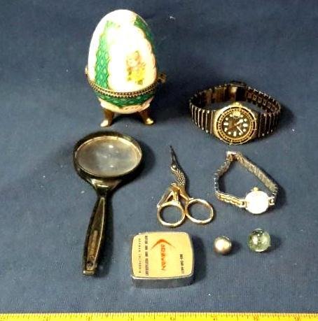 Ceramic Egg Box and Watches: Ceramic egg box, Men's Gruen watch, ladies Ann Klein watch, pocket measuring tape, sewing scissors and more