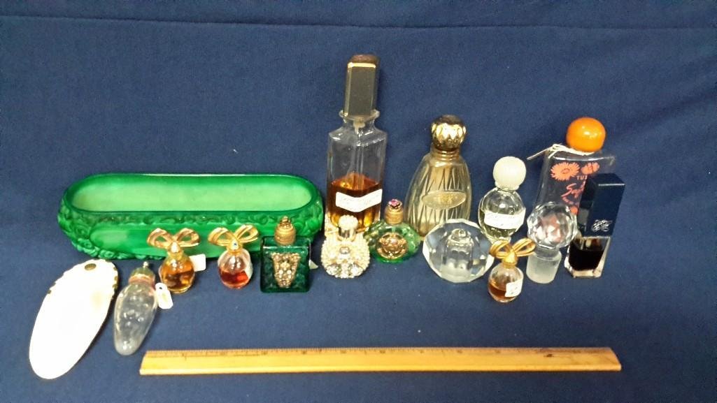 Ladies Perfume Collection: Rhinestone and faux pearl mini perfume bottles, clear glass bottles, lay down perfume bottle in leather pouch, empty and partial perfume bottles. Malachite perfume bottle tray