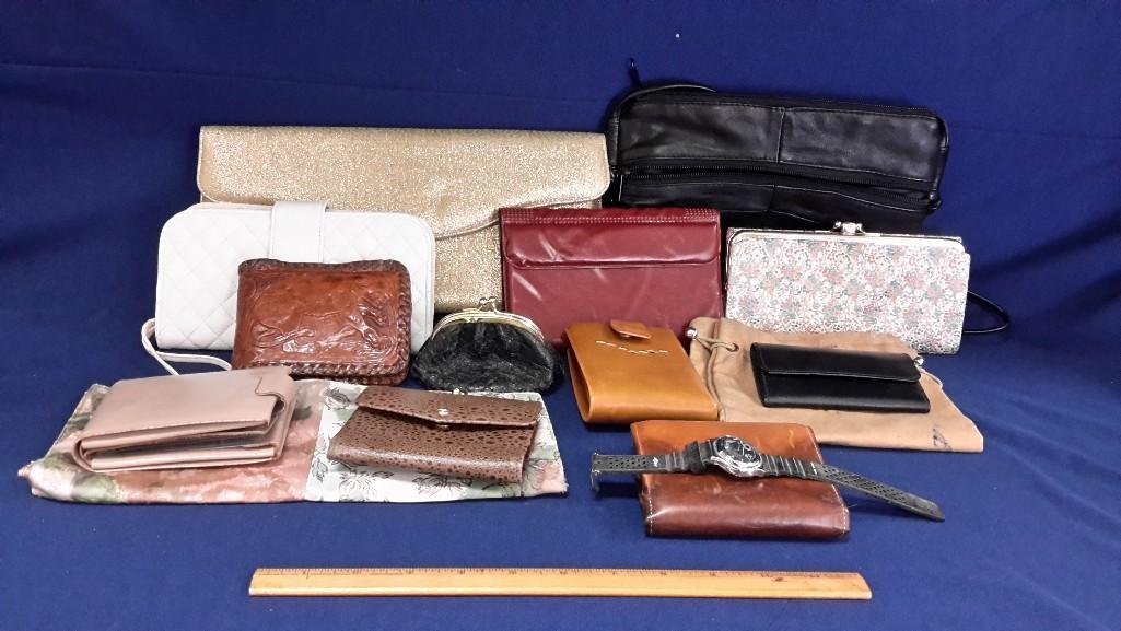 Vintage Ladies Wallet and Handbag Collection (13): Leather coin purse, Gold tone clutch labeled Leon of California, and several leather wallets, Lady Buxton clutch wallet and more