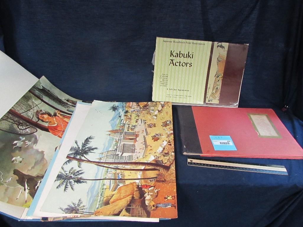 Collection of Art Prints: Portfoliio of 8 paintings by Grandma Moses, reproduced in full color; Kabuki Actors prints; and more...