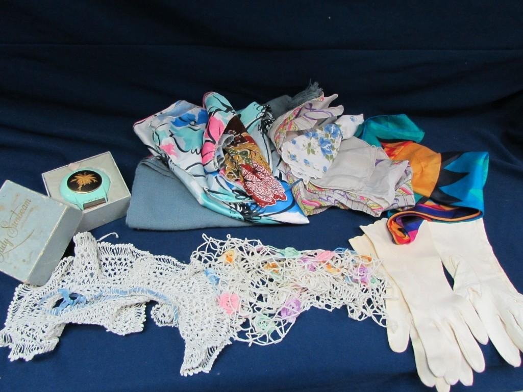 Women's Accessories: Includes two pairs of gloves, scarves, doilies and a Vintage Lady Sunbeam Shave Master (comes with directions and box). 