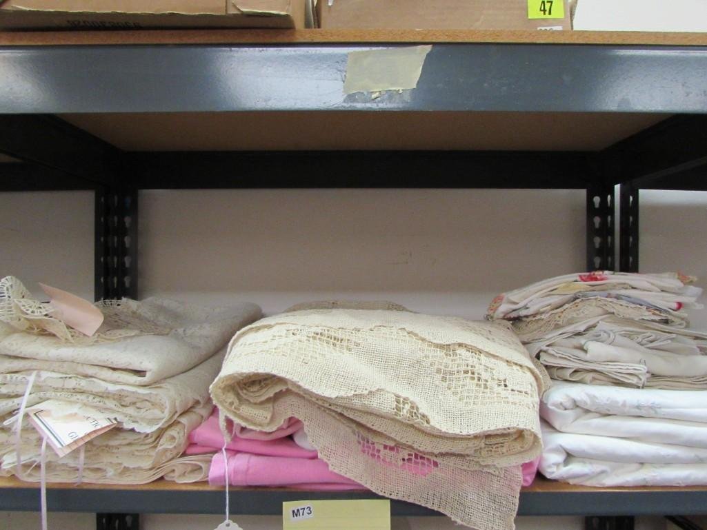 Collection of Linens: Lace curtains, table cloth, doilies, Crochet bed cover, and more...