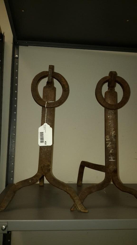 Fireplace And-Irons: Measures 17 1/2" tall, 19" long and 11" wide. Metal. 