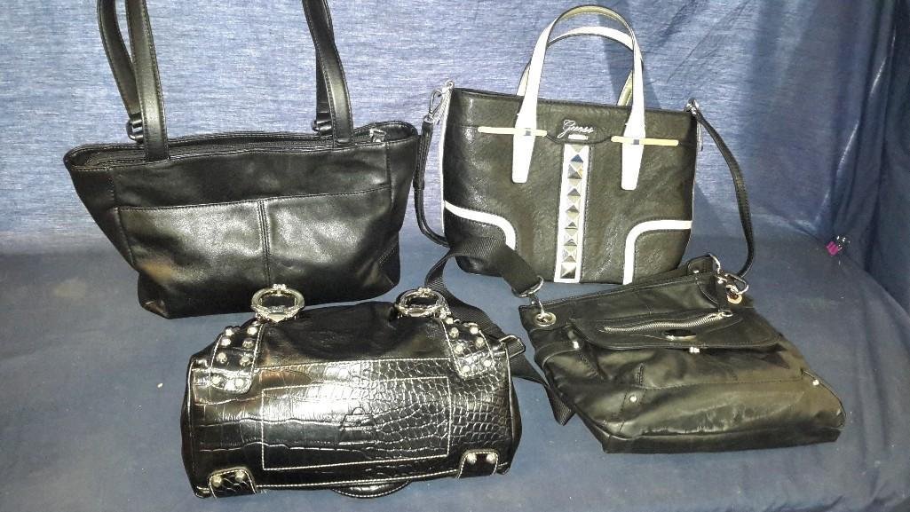 Ladies Purses (4): Black handbags, marked Guess, Giani Bernini, Tyler Rodan, Kathy Van Zeeland