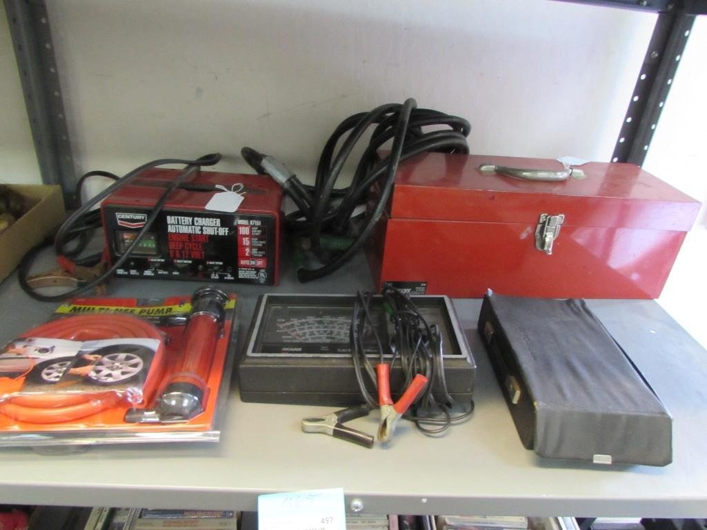 Car Maintenance Accessories: Century Battery Charger, Tire Air Pump, Sears Electric Engine Analyzer, Metal Tool box and more