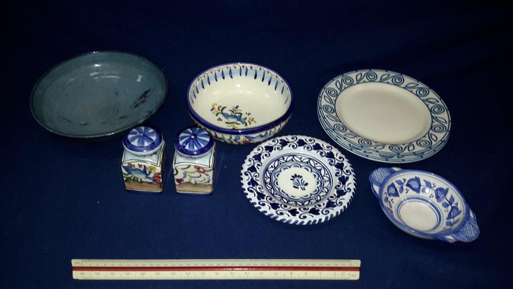 Ceramic Dishware (8): Salt and Pepper Shaker and bowl Made in Portugal. Two white with blue patterns marked Gibson China, small plate marked Salamanca 672. and more...