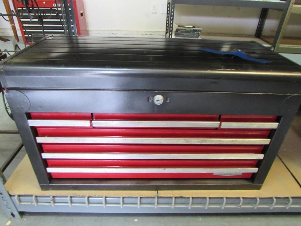 Six Drawer Tool Box with contents: 26" x 15" x 12" tool box, top open shelf, plus 6 drawers. Full with tools, hammers, hand saws,files and more