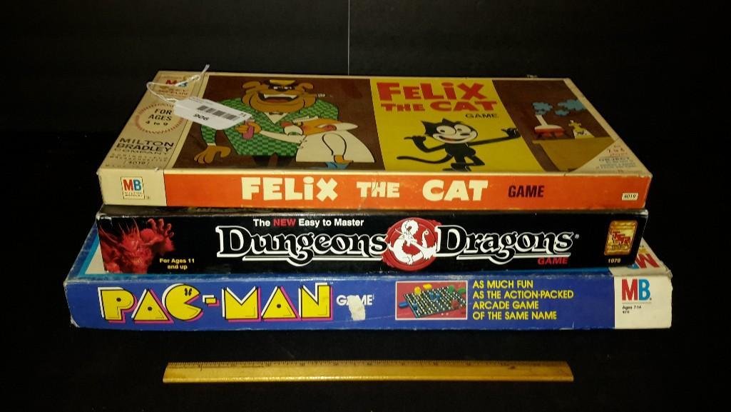 Vintage Board Games (3): Felix the Cat Game, Dungeons and Dragons game, & Pac-Man game, Some pieces may be missing, see photo