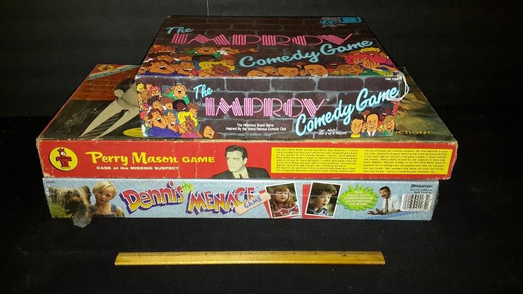 Vintage Board Games (3): The Improve Comedy Game, Perry Mason Game, & Dennis the Menace game, some piece may be missing, see photo