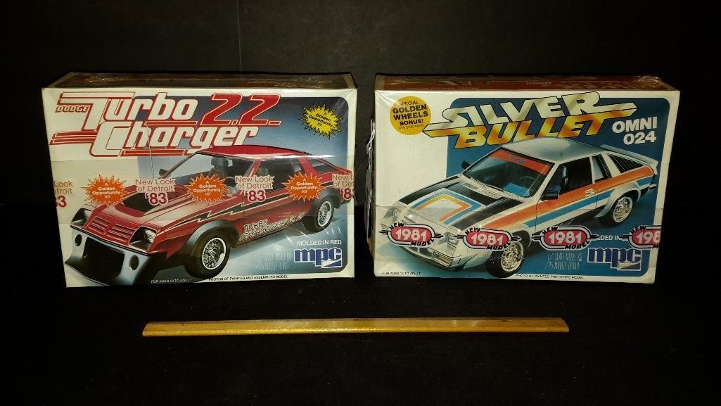 Vintage MPC Plastic Car Model Kits (2): Both are sealed in original packaging, Silver Bullet Omni 024, & Dodge Turbo Charger 2.2