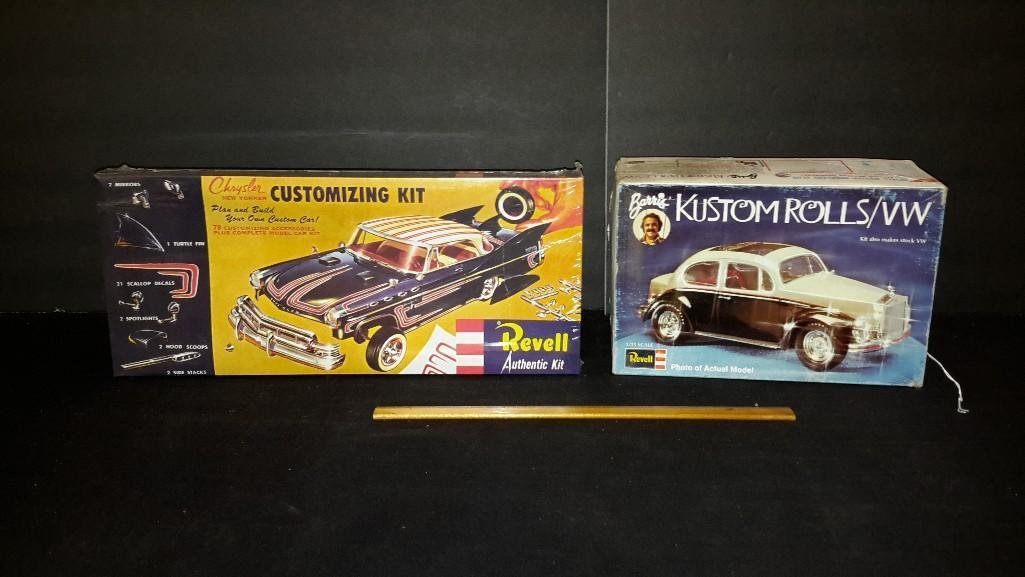 Vintage Revell Plastic Car Model Kits (2): Barris Kustom Rolls/VW & Chrysler customizing kit