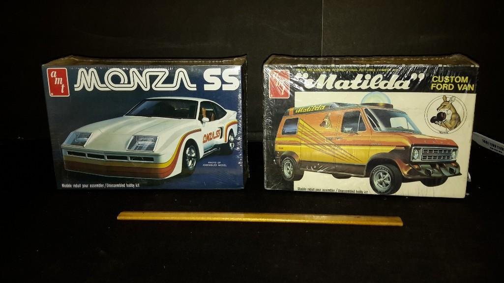 AMT Plastic Car Model Kits (2): Both are sealed in original packaging, "Matilda" custom Ford van, & Monza SS model kits