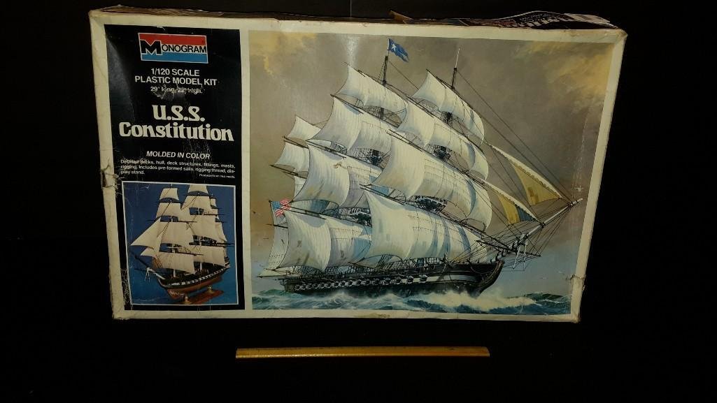 Monogram U.S.S. Constitution Model Kit: Original packaging is slightly damaged, all plastic model kit