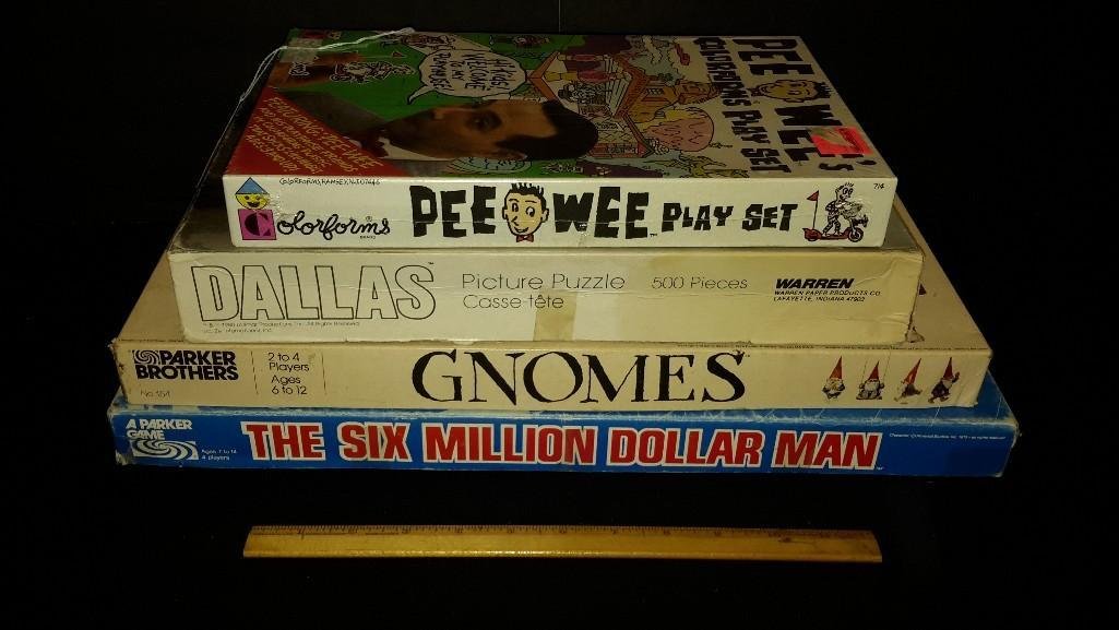 Vintage Board Games & Jigsaw Puzzles (4): Pee Wee's Play set, Dallas picture puzzle, Gnomes, & The Six Million Dollar Man game