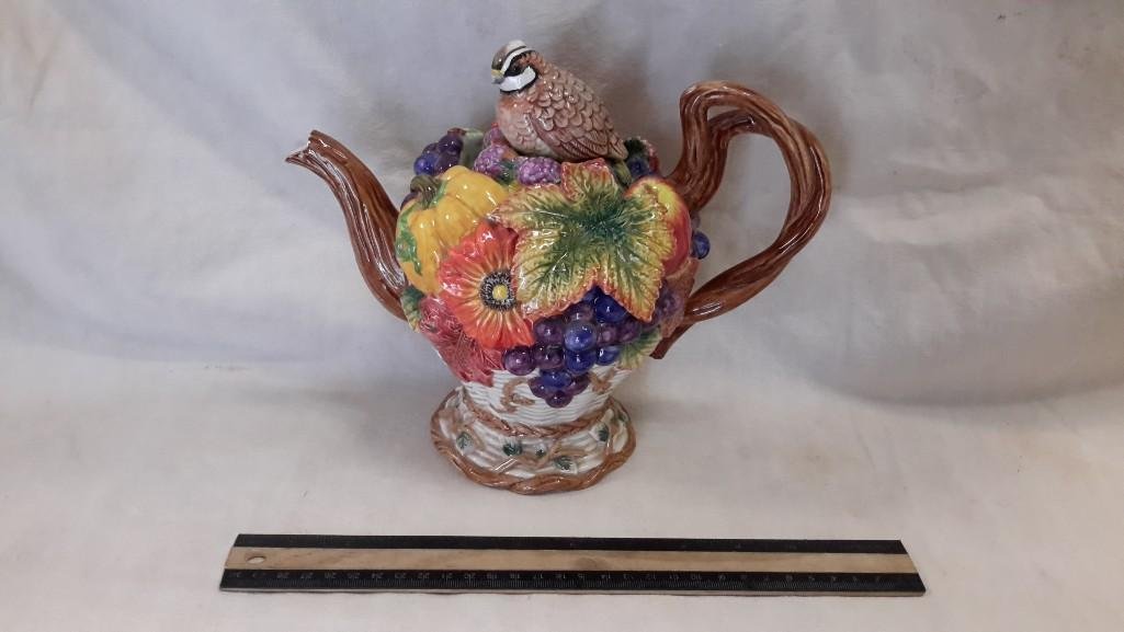 Fitz and Floyd Tea Pot: Bottom; Fitz and Floyd China 35 oz, Copyright 1977. Measures 9" tall. No chips. 