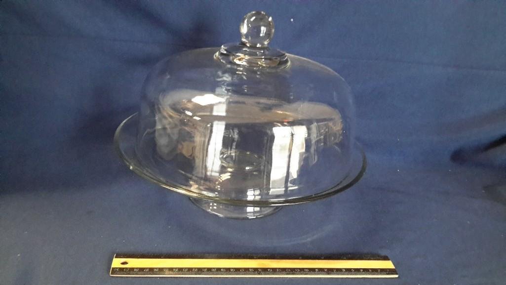 Clear Glass Cake Stand: Measures 10" tall with lid, 13" diameter. Bottom has one chip. 