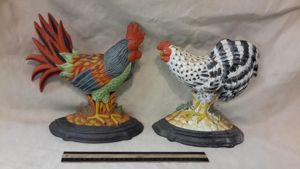 Metal Rooster and Hen Doorstops (2): One marked Taiwan. Good condition.