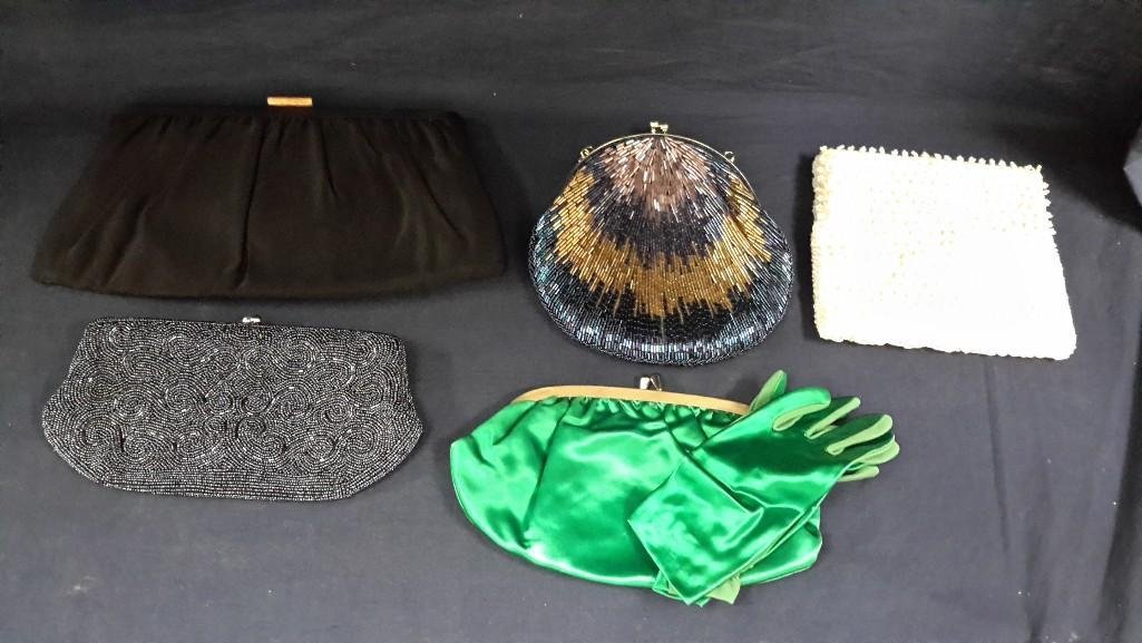 Vintage Handbags (5): Satin, Sequined and beaded handbags. One is marked bag by Debbie,another is LaRegal, Green satin bag with matching gloves and a Black back by Paray.