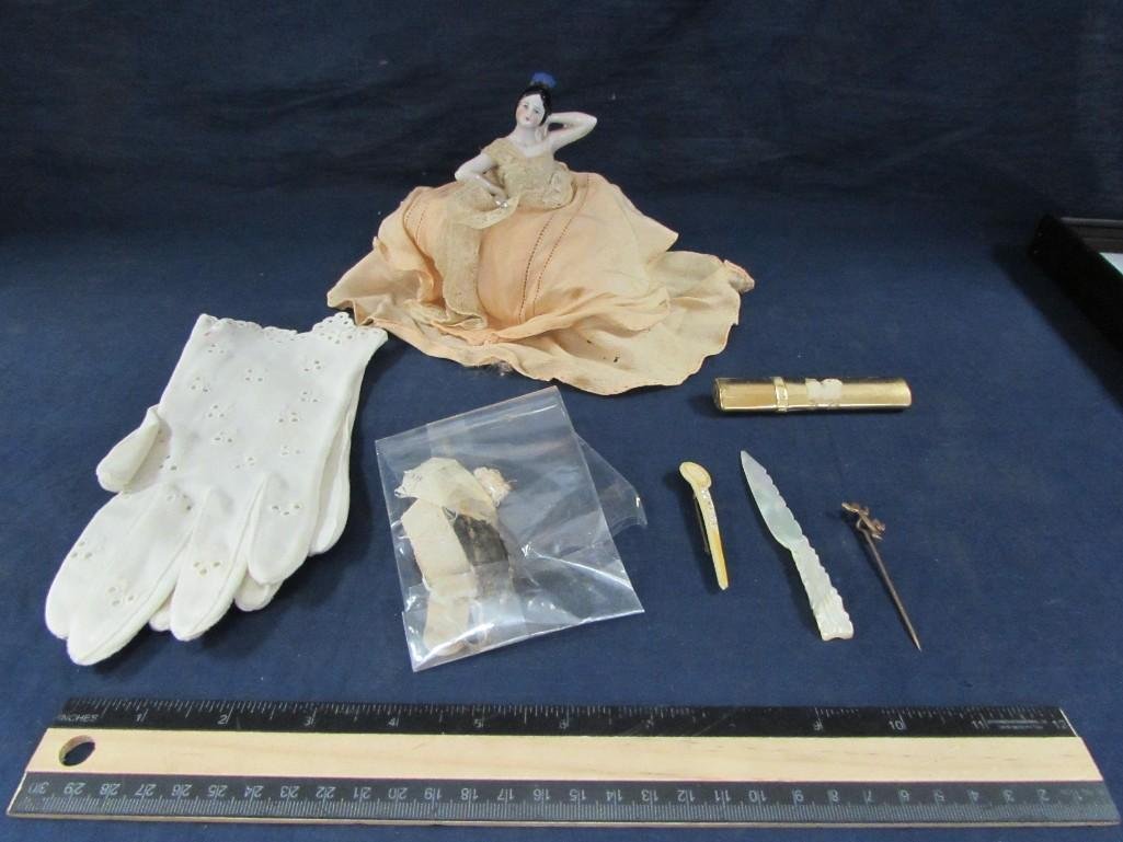 Vintage Pin Cushion & Ladies Accessories: Gloves, mother of pearl letter opener, lapel pins, & porcelain lady pin cushion, and lipstick