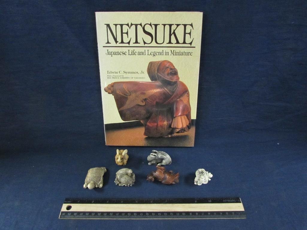 Vintage carved Asian Netsukes marked: 6 Netsukes some marked, Asian with book