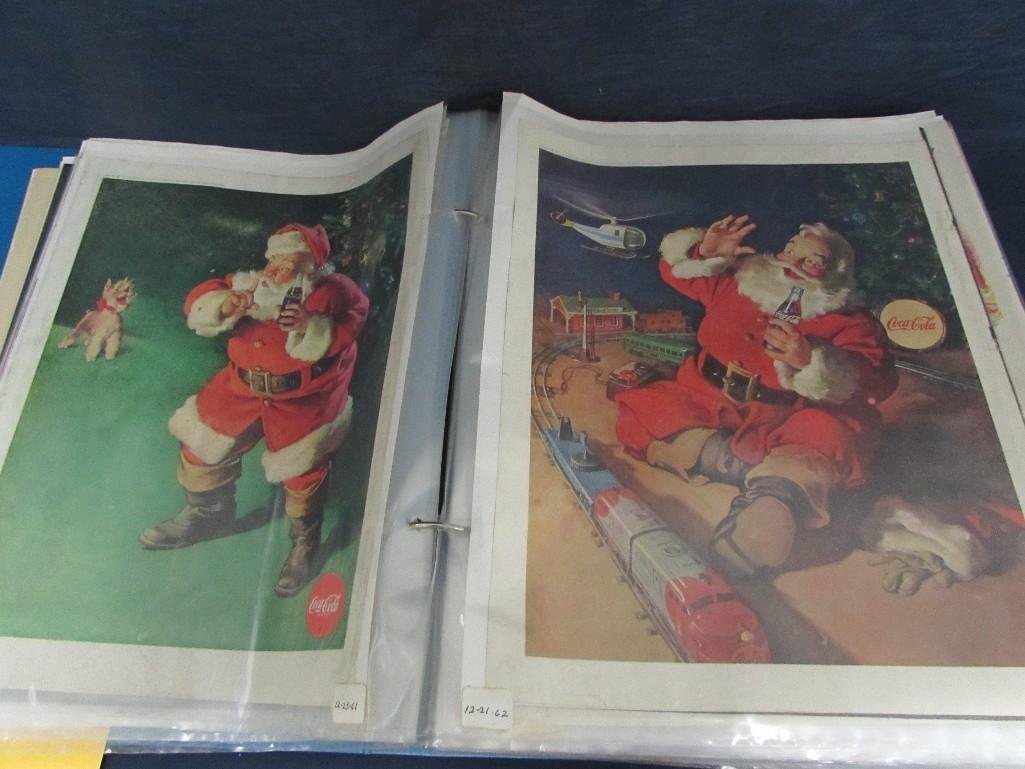 Magazine Advertisement Collection: Heavy binder with 1930s through 1960s advertisements, coca cola, Dionne Quintuplets, post magazine cover, and cartoons