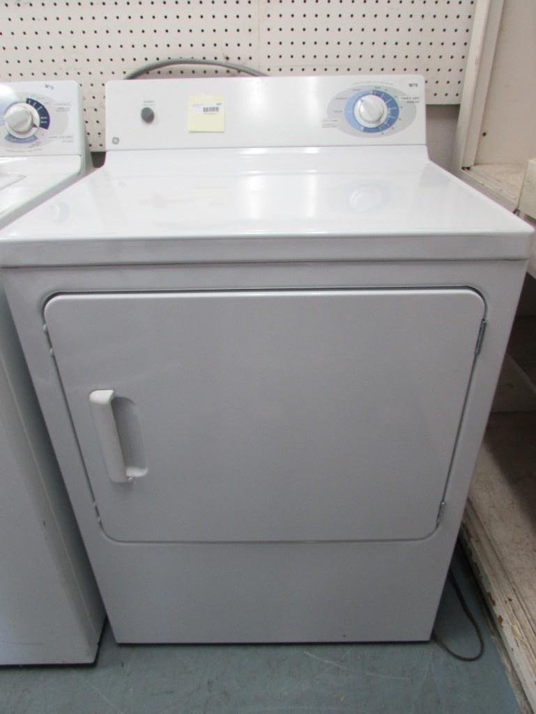 GE Electric Dryer: Model # DVLR223EE2WW, 2 clothes care cycles, extra large capacity. Measures 42" tall x 27" wide and 26" deep. 