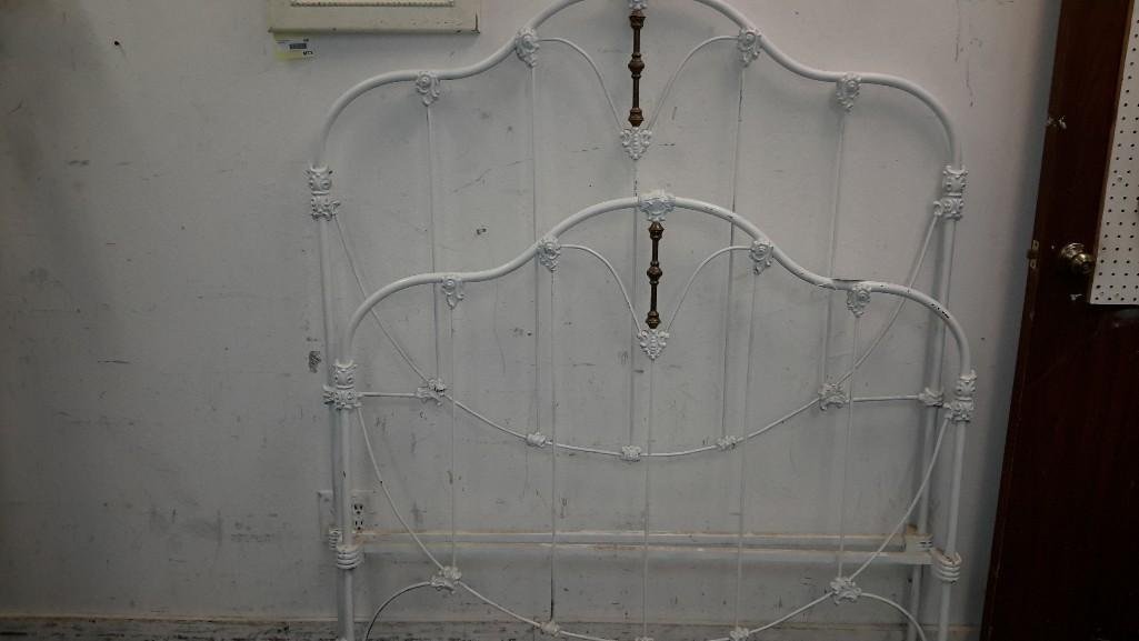 Double White Vintage Metal Bed Frame: Measures 54" across. Comes with rails. Headboard measures 61" tall and footboard measures 45" tall. 