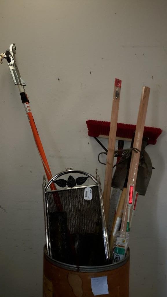 Fireplace Screen and Garden Tools: Tree trimmer, shovel, push broom, rack, and screen. 