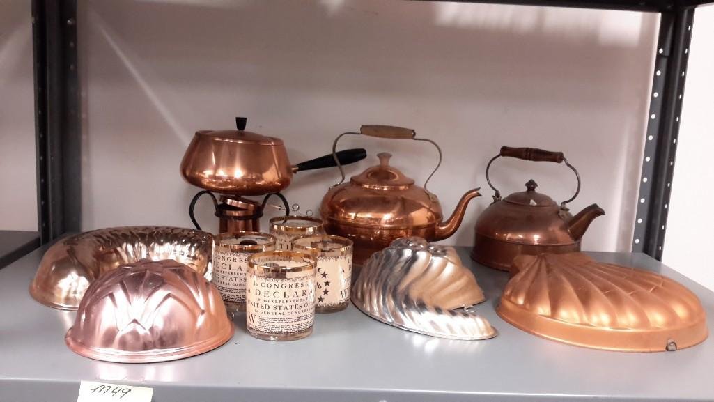 Copper Kitchen Items: Molds, fondue pot, 4 highball glasses, tea kettle, and more