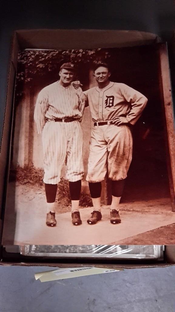 Sports Memorabilia: Picture of baseball players, cereal boxes with basketball players, Liberty Magazine sign, and more