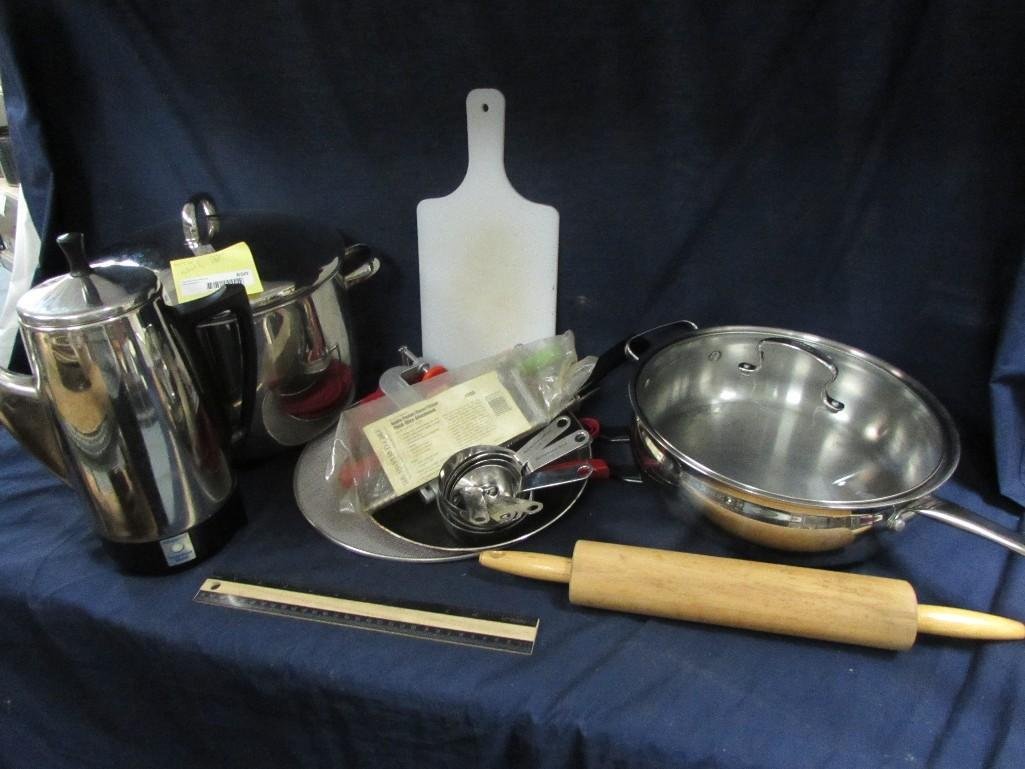 Kitchen Items: Large Belgique skillet, stockpot, measuring cups, apple peeler for Pampered Chef, wood rolling pin, and more