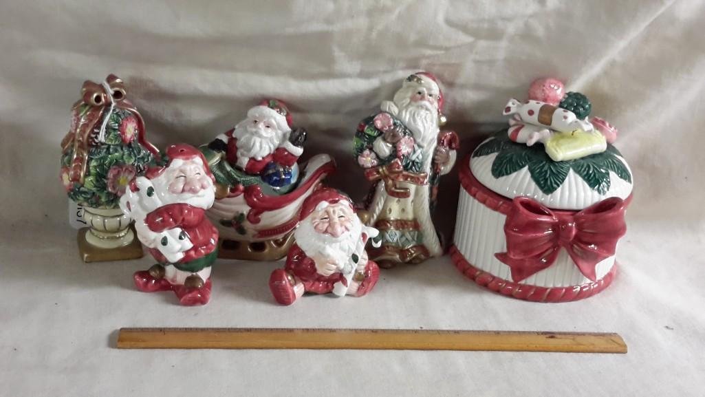 Fitz and Floyd Christmas Collection (6): Santa in sleigh is salt and pepper shaker copyright 1993, Santas Elves salt and pepper copyright 1990, santa and shrub has not date, candy dish with lid copyright 1992. All have Fitz and Floyd stamped